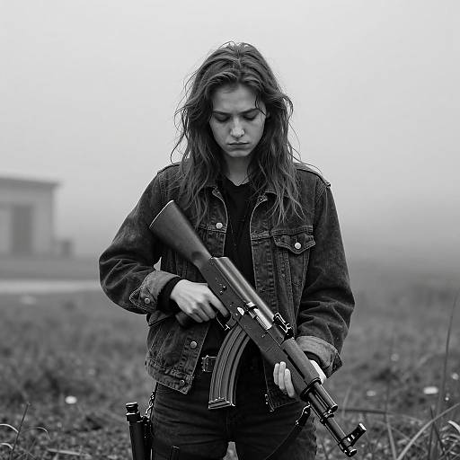 Somber Woman with AK-47 in Portrait