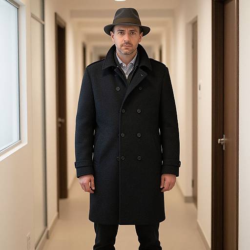 Photograph of a bearded man in a black overcoat and gray fedora, standing in a bright, white hallway with wooden doors.