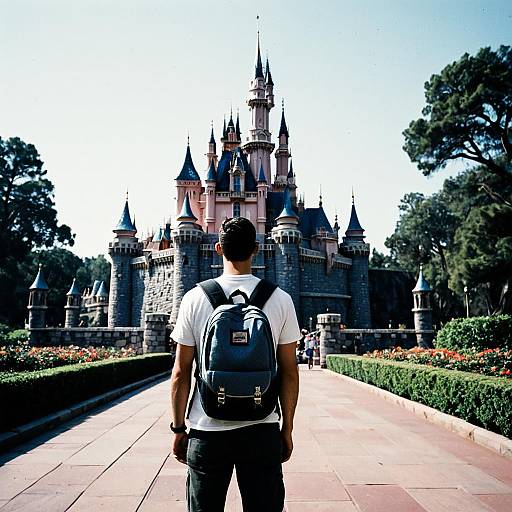 Photograph of a man with a backpack, white shirt, and black pants, standing on a sunlit path, facing a colorful, detailed castle at