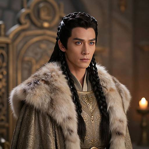 Photograph of a handsome man with long braided black hair, wearing a fur-trimmed, ornate gold robe, standing in a dimly