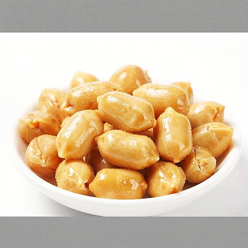 Photograph of a white bowl filled with glossy, caramel-coated peanuts, set against a plain gray background.