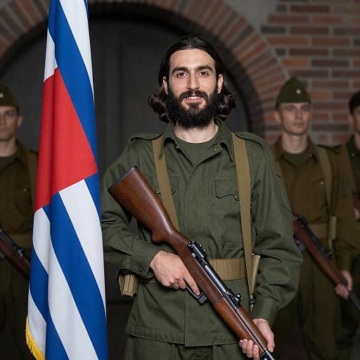 Bearded Soldier with Flag and Rifle