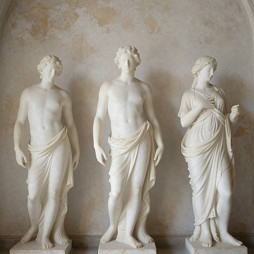 Photograph of three classical white marble statues: two nude male figures with draped cloths, and one draped female figure with intricate folds, set against a
