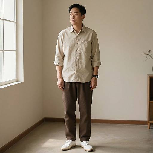 Photograph of an Asian man with short black hair, wearing a beige button-up shirt, brown pants, and white sneakers, standing in a sunlit
