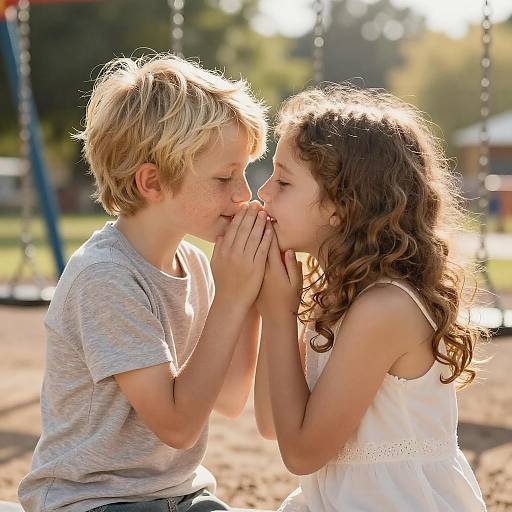 Photograph of a blonde boy and a brunette girl in a playground, both smiling and gently kissing each other's hands in soft sunlight.