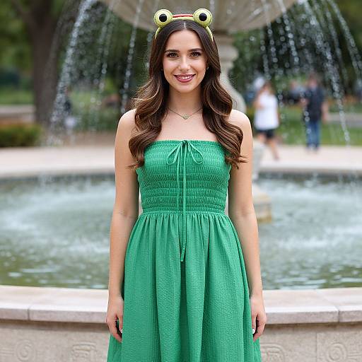 Photograph of a smiling woman with long brown hair, wearing a green strapless dress and frog headband, standing in front of a fountain in a