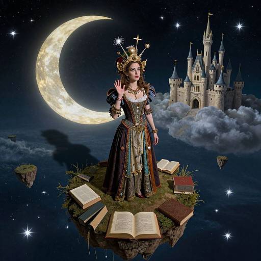 Magical queen in elaborate crown and gown, surrounded by floating books, stands on island under crescent moon, with enchanted castle. Digital fantasy art.
