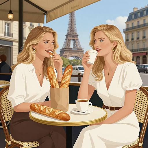 Digital illustration of two blonde women in white dresses, laughing and sipping coffee at a Paris café, with a baguette and croissants on