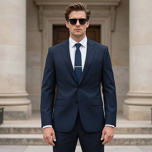 Photograph of a handsome, white man with brown hair, wearing a black suit, white shirt, black tie, and sunglasses, standing in front of