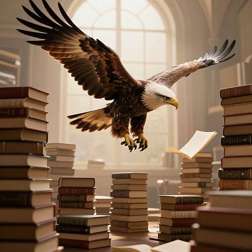 Photograph of a bald eagle with outstretched wings, talons extended, swooping toward a floating book in a sunlit, arched-window