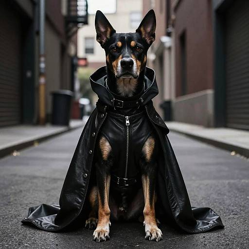 Photograph of a black and tan dog sitting on a city alleyway, wearing a black leather trench coat with a zip. Urban background with blurred buildings