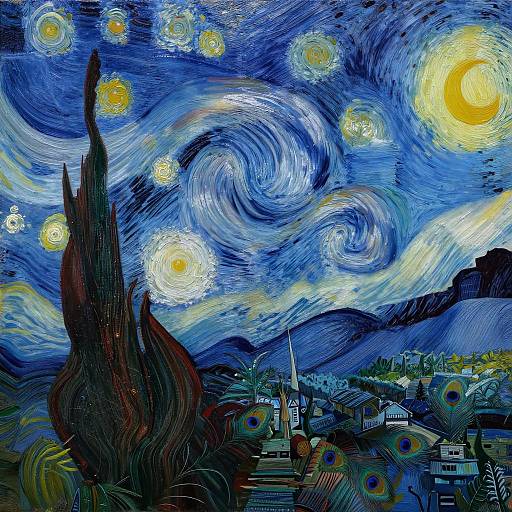 Vibrant Peacock Feather in Starry Night