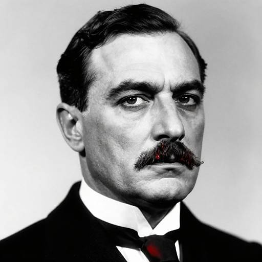 Black and white photograph of a serious, mustached man with dark hair, wearing a formal suit, white shirt, and red tie.