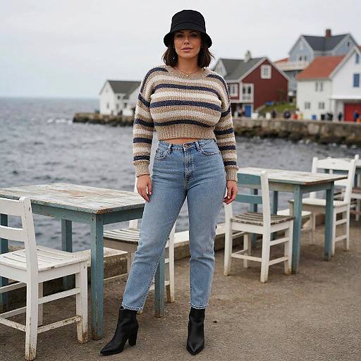 Photograph of a woman in a black hat, striped sweater, and blue jeans, standing by a waterfront with white tables and red-white houses in the