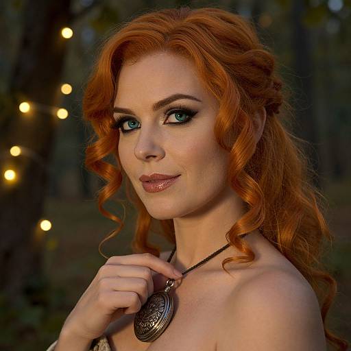 Photograph of a fair-skinned woman with vibrant red curly hair, green eyes, wearing dark eyeliner, and a circular pendant necklace, smiling in