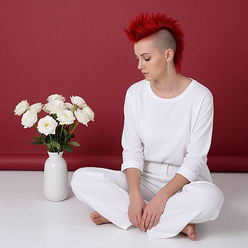 Photograph of a woman with red mohawk, nose ring, white outfit, and earrings, sitting cross-legged, gazing at white roses in a