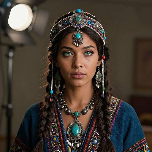 Photograph of a South Asian woman with green eyes, wearing an ornate turquoise headpiece, earrings, and necklace, in traditional blue attire with intricate