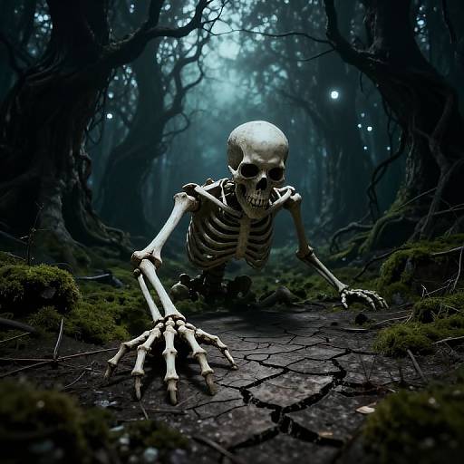 Photorealistic CGI of a skeletal figure with white bones, crouching in a dark, misty forest with glowing orbs, moss-covered ground,