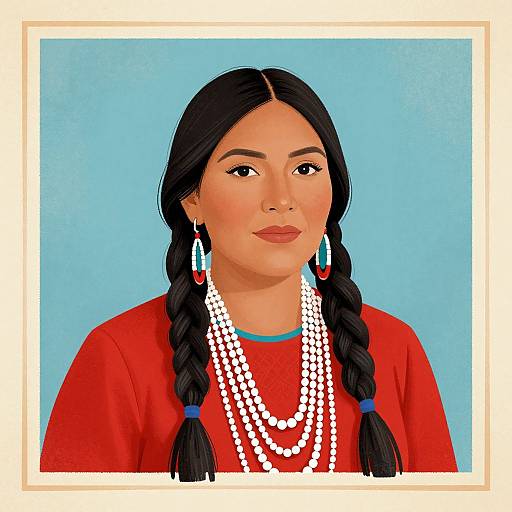 Digital portrait of a young Indigenous woman with long black braids, wearing a red shirt, layered white pearl necklaces, turquoise earrings, and a blue
