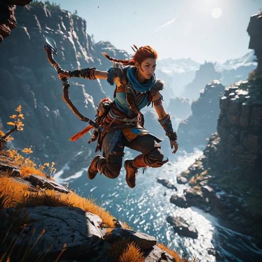 Aloy Leaping off Cliff in Cinematic Landscape