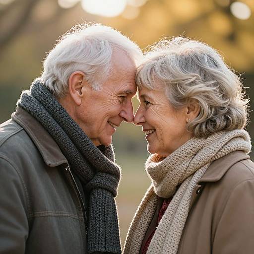 Photograph of an elderly couple with white hair, smiling closely, wearing dark scarves and coats, sunlight illuminating their faces in a park.