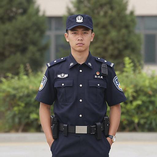 Photograph of a young male police officer standing outdoors, wearing a dark blue uniform with patches, badge, and cap, hands in pockets, greenery