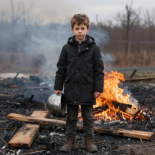 Boy in Black Coat in Burned Landscape