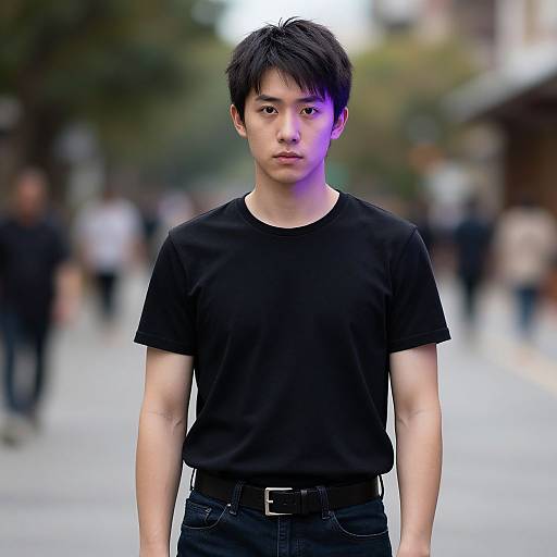 Photograph of an Asian man with short black hair, wearing a simple black t-shirt and dark jeans, standing in a blurred urban street with indist