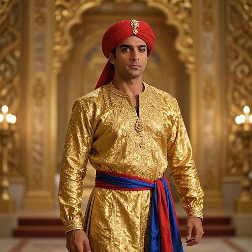 Photograph of a handsome South Asian man with medium skin tone, wearing a gold embroidered kurta, red turban, blue and red sash,
