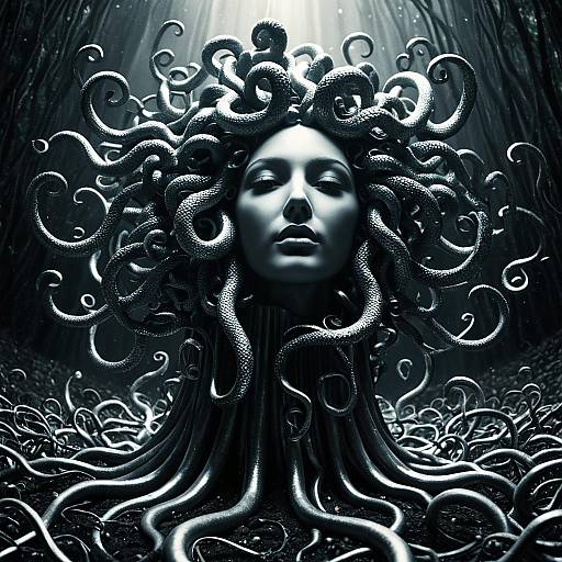 Surreal Medusa Emerging with Silver Tentacles