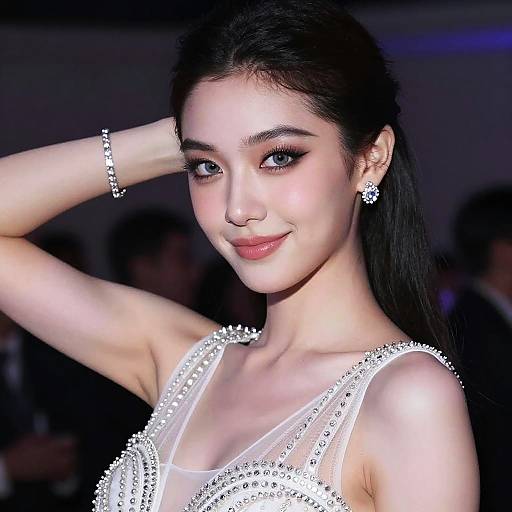 Photograph of a smiling Asian woman with long black hair, wearing a white, beaded, sleeveless dress and sparkling earrings, posing with her arm