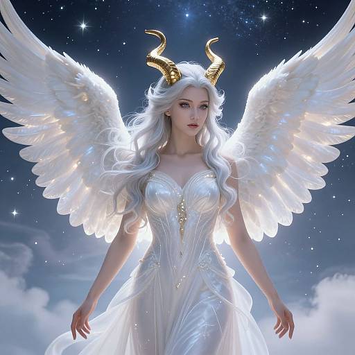 Digital artwork of a celestial angel with white wings, golden horns, flowing white hair, and a glowing white dress, standing against a starry night sky