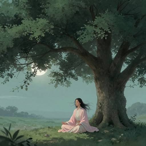 Tranquil Meditation Beneath Moonlit Tree