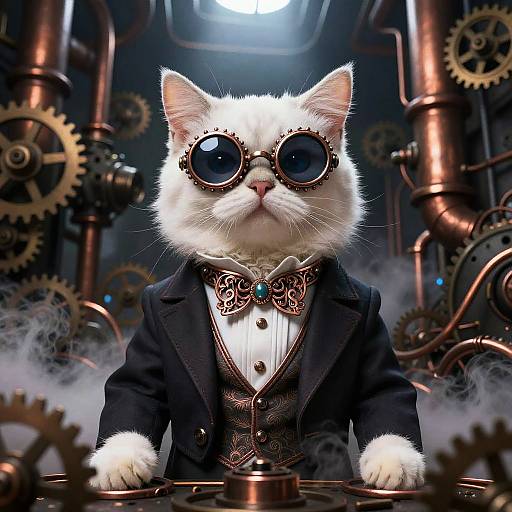 Digital artwork of a white cat in a steampunk suit with round goggles, standing among copper gears and pipes.
