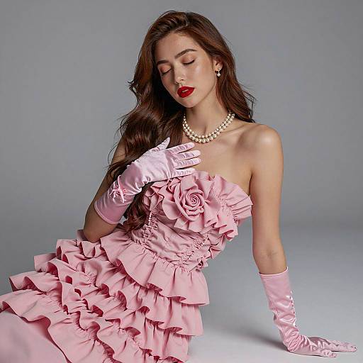 Elegant Woman in Pink Ruffled Gown