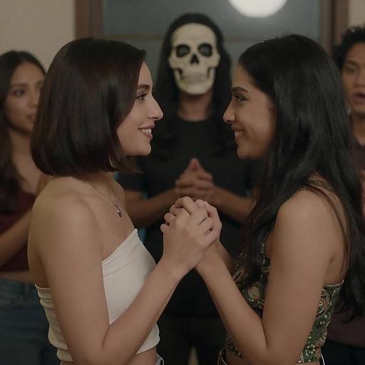 Two Women Holding Hands Smiling Indoors