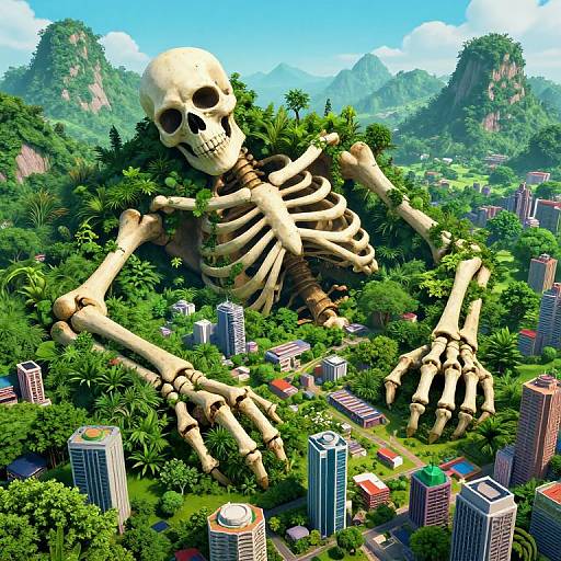 Giant skeleton, with massive bones, looms over lush green jungle and colorful cityscape, towering over skyscrapers. Digital art, vibrant,