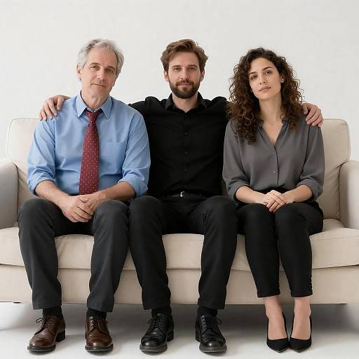 Three People on a Cream Sofa