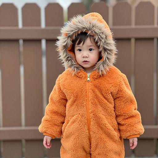 Photograph of a young Asian child in an orange, fuzzy, hooded onesie with gray faux fur trim, standing in front of a brown wooden