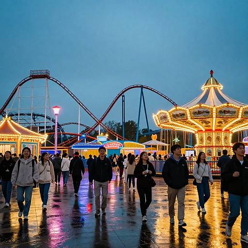 Photograph of a nighttime carnival with a lit, colorful carousel, roller coaster, and crowd of people walking on a wet, reflective surface.