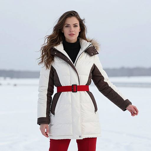 Photograph of a confident woman with long brown hair, wearing a white and black winter coat with fur trim, red belt, and red pants, standing