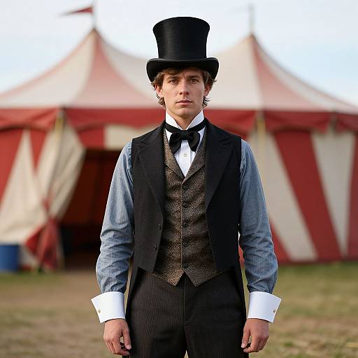 Photograph of a young man with fair skin, brown hair, wearing a black top hat, blue shirt, black vest, and pinstripe trousers