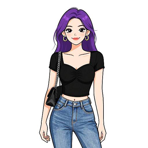 Digital anime-style drawing of a confident woman with long purple hair, wearing a black top, blue jeans, and a black shoulder bag.