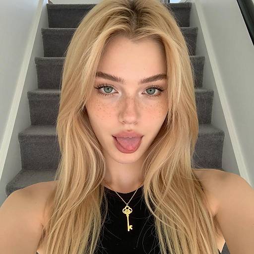 Blonde Woman Taking Selfie on Stairs