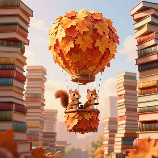 Digital illustration of two cartoon squirrels flying in an autumn leaf hot air balloon, surrounded by towering stacks of colorful books.