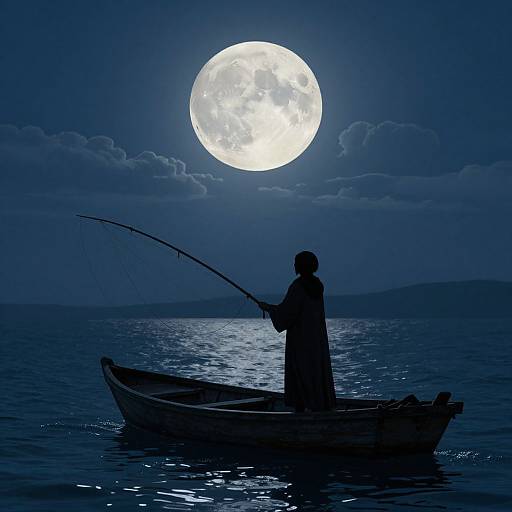 Silhouetted fisherman in boat holding fishing rod under bright full moon, calm dark blue sea, wispy clouds, digital art.