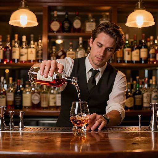 Photograph of a handsome male bartender with wavy brown hair, in a white shirt and black vest, pouring whiskey into a glass on a polished wooden