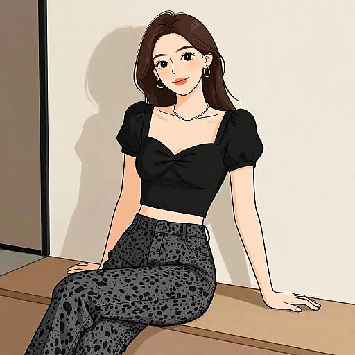 Digital illustration of a smiling woman with fair skin, brown hair, wearing a black crop top and leopard-print pants, sitting on a wooden bench against a