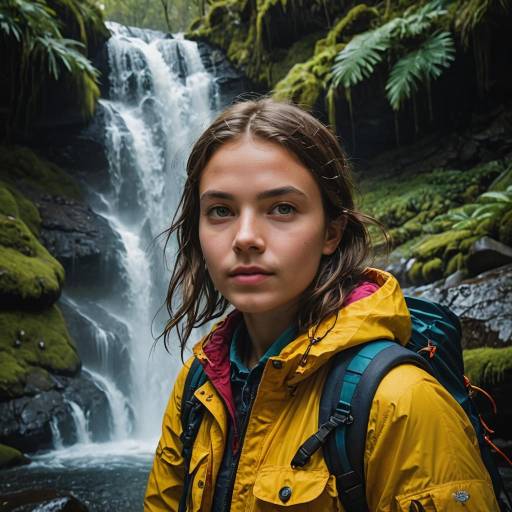 Adventurous Explorer Beside Vibrant Waterfall