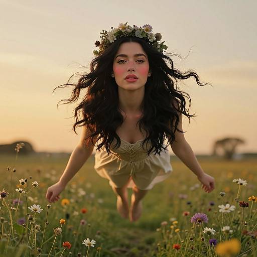 Photograph of a young woman with long, wavy black hair, wearing a floral crown and white dress, running through a sunlit meadow with